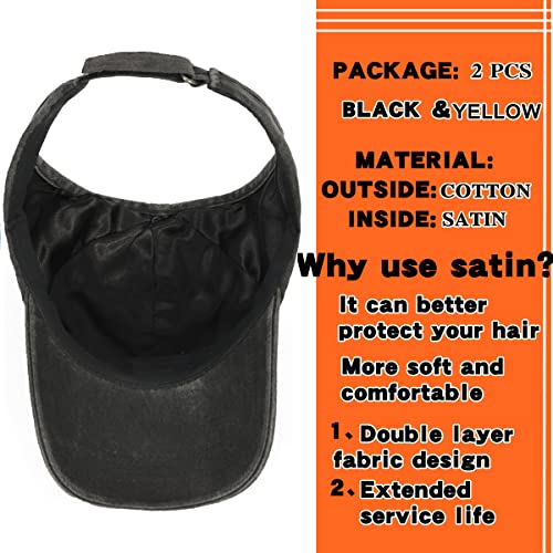 2 Pack Backless Cap for Women Natural Curly Hair Hat Baseball Cap Afro Puff Ponytail Hat - color: Black+yellow