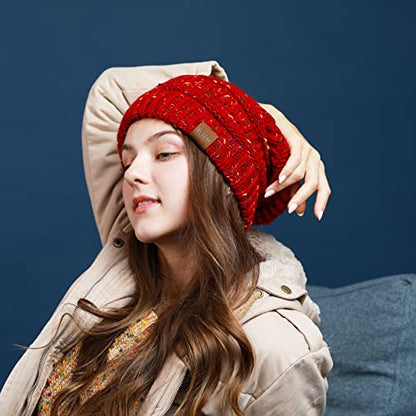 REDESS Slouchy Beanie Hat for Men and Women Winter Warm Knit Hat Chunky Soft Oversized Cable Cap - color: B3 Wine Red