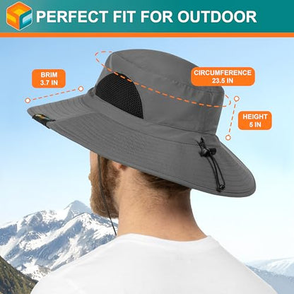 SUN CUBE Wide Brim Sun Hat for Men & Women, UPF 50+ UV Protection, Mesh Boonie Hat with Chin Strap, Fishing Hiking Hat - color: Grey