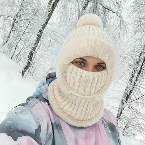 AQOKKA 3 in 1 Knit Fleece Lined Beanie Hat with Scarf and Mask Warm - color: Beige