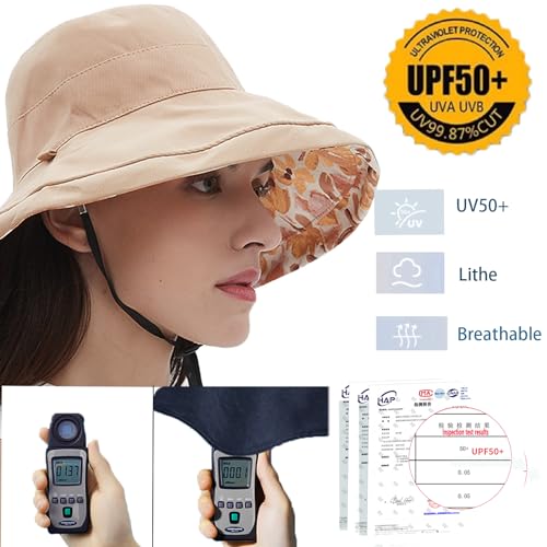 vidsel Womens Sun Hats Wide Brim Reversible Bucket Cotton Hat with Hat Clip - color: Khaki, size: Medium