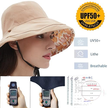 vidsel Womens Sun Hats Wide Brim Reversible Bucket Cotton Hat with Hat Clip - color: Khaki, size: Medium