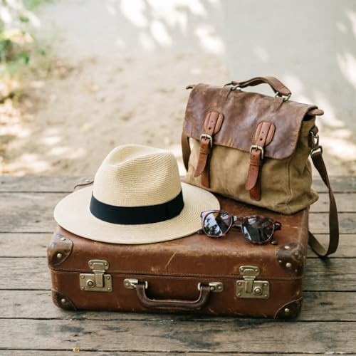 DRESHOW Women Straw Panama Hat Travel Fedora Beach Sun Hat Summer Wide Brim Straw Roll up Hats UPF 50+ - color: Fedora a Ivory