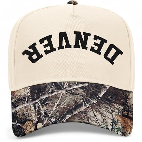 Denver Upside Down Reversed Vintage Trucker Hat | Premium Adjustable Snapback Baseball Hat for Men & Women - color: Tree Camo/Natural