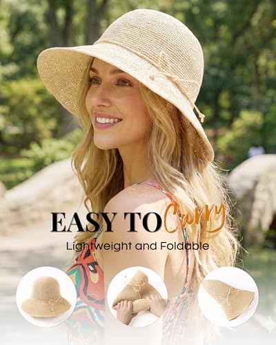 FURTALK Beach Sun Hat for Women Foldable Packable Handmade Straw Hats Sun Protection Floppy Travel Essentials - color: Beige, size: Medium-Large