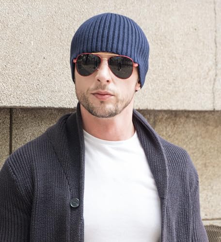 ZLYC Men Winter Knit Fisherman Beanie Hat Fashion Warm Daily Skull Cap - color: Solid Navy