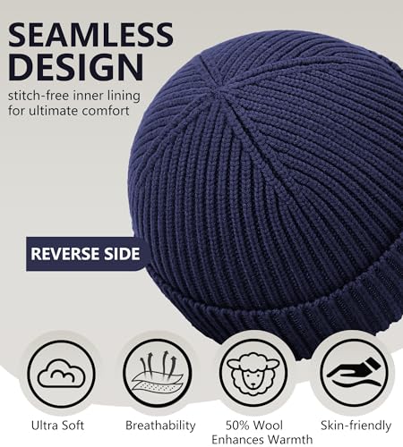 Seamless Beanie Hat for Men Women Wool Fisherman Beanies Winter Hats - color: Navy Bue