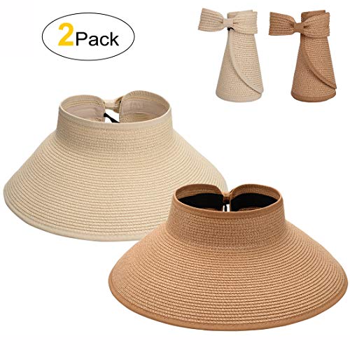 MAYLISACC Foldable Straw Sun Visors for Women, Sun Protecetion Wide Brim Sun Hats Adjustable Topless Beach Hat - color: Khaki+beige