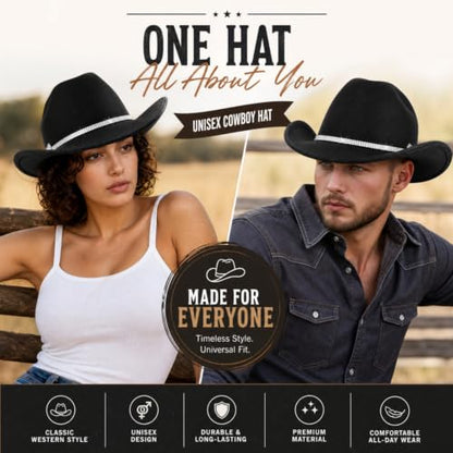 Dicunoy 2 PCS Black Cowboy Hats, Western Cowgirl Hat Glitter for Women Men