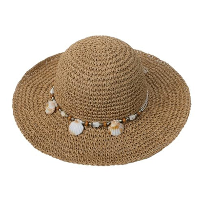Womens Straw Sun Hat Wide Brim Summer Beach Hat with Beaded Trim Summer Foldable Floppy Hat for Travel Vacation UV Protection - color: Light Brown 2