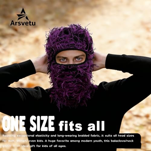 Distressed Ski Mask Balaclava, Yeat Shiesty Knitted Full-Face Mask - color: Purpleblack