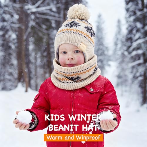 Beanie Knit Hats for Toddlers with Earflap Fleece Lined Hat Kids Warm Winter Hat Scarf Set Children's Thick Ski Cap - color: Small Dinosaur-armygreen+scarf
