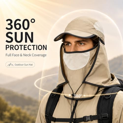 HUAMULAN Women Wide Brim Sun Hat Ponytail UV Protection Visor Fishing Cap - color: Khaki With Foldable Visor