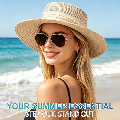 DRESHOW Women Straw Panama Hat Travel Fedora Beach Sun Hat Summer Wide Brim Straw Roll up Hats UPF 50+ - color: 1 Pack Boater Hat: Light Beige With Beige Band