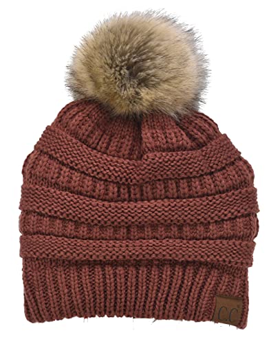 C.C Trendy Fuzzy Fleece Lined Warm Comfortable Soft Stretch Cable Knit Ribbed Faux Fur Pom Pom Beanie Hat - color: Brick