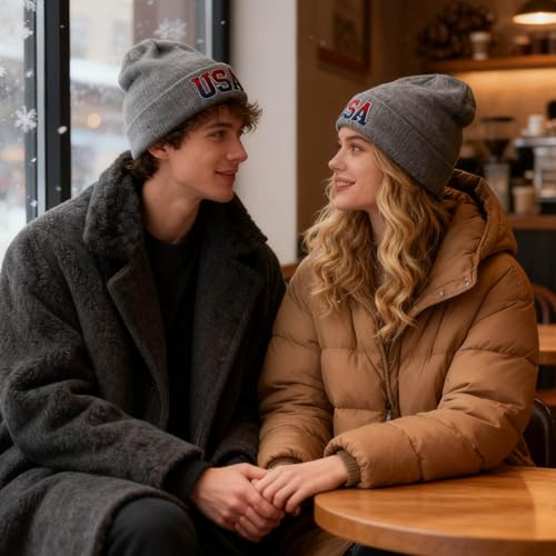 American Flag Beanie, USA Embroidered Winter Hat for Women Men - color: Usa-gray