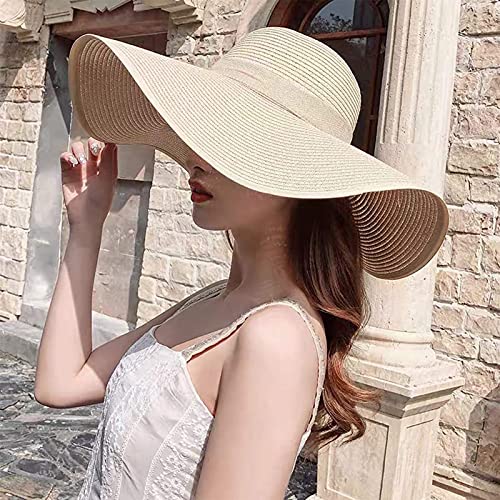 FSIGOM Women's Folable Floppy Hat,Wide Brim Sun Protection Straw Hat, Summer UV Protection Beach Cap - color: C1-f-beige, size: Medium