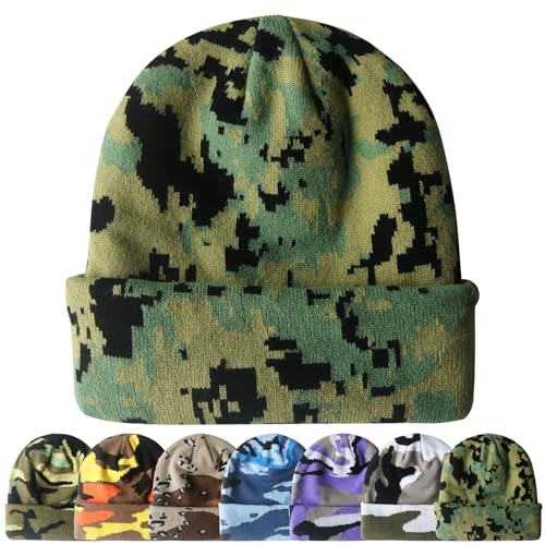 PFFY Beanie for Men Women Unisex Knit Cuffed Winter Beanies Hats Skull Cap - color: Digital Camo Green