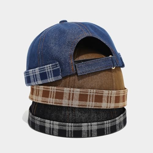 Quanhaigou Brimless Sailor Cap,Adjustable Rolled Cuff Skull Beanie Hats for Men Women - color: Plaid Denim Black