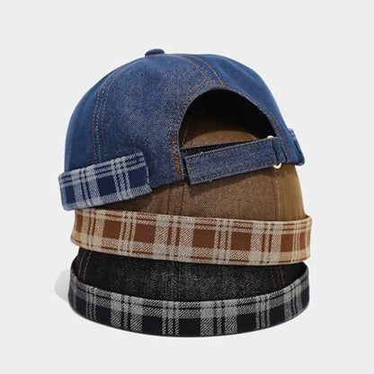 Quanhaigou Brimless Sailor Cap,Adjustable Rolled Cuff Skull Beanie Hats for Men Women - color: Plaid Denim Black