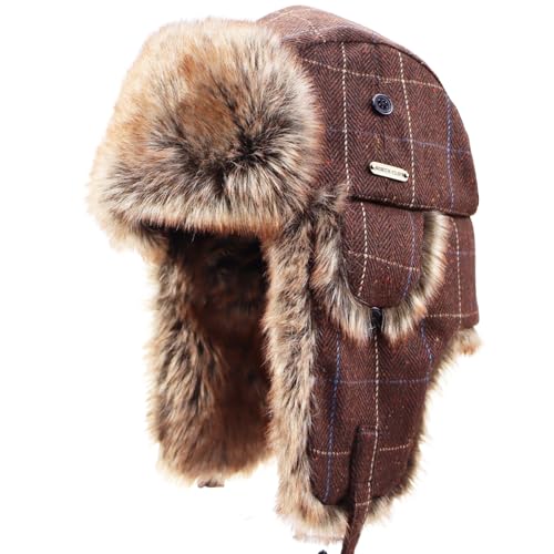 Unisex Winter Trapper Hat Cold Proof Keep Warm Hat with Ear Flaps for Hunting Skiing Trooper Outdoor Activities - color: Line Series-brown, size: Medium-Large