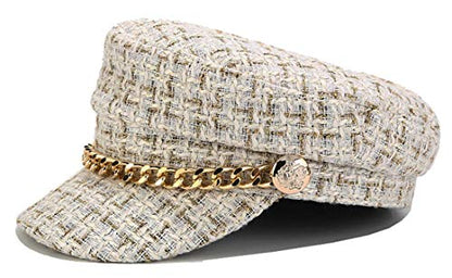 Women Plaid-Tweed Newsboy-Baker-Boy Hat Captain-Sailor Fisherman Hat Peaked-Beret with Chain - color: White