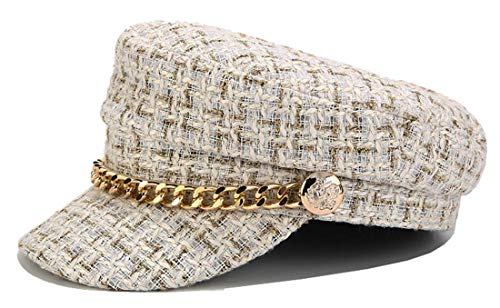 Women Plaid-Tweed Newsboy-Baker-Boy Hat Captain-Sailor Fisherman Hat Peaked-Beret with Chain - color: White