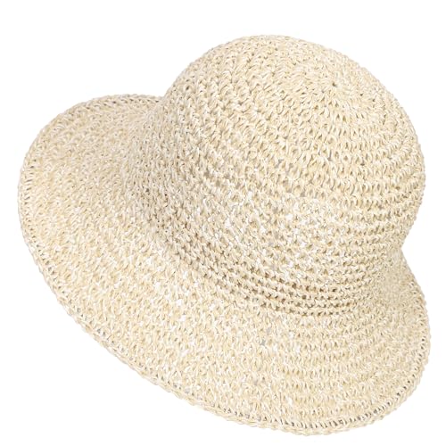 Womens Sun Hat Handmade Crochet Straw Bucket for Summer Foldable Travel Cap - color: Beige & Khaki
