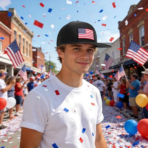 American Flag Baseball Cap, Flat Bill Brim Hat for Men Women, Patriotic Mesh Snapback Hats - color: Black & Red