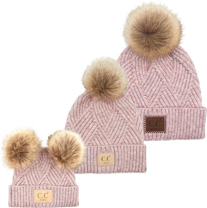 Funky Junque Mommy & Me Double Pom Beanies 3-Pack Matching Winter Hats for Mom, Toddler & Infant Girls, Cozy Knit Family Set - color: Adult/Toddler (Single Pom)/Infant (Double Pom) - Diagonal Stripes - Rose (3 Pack)
