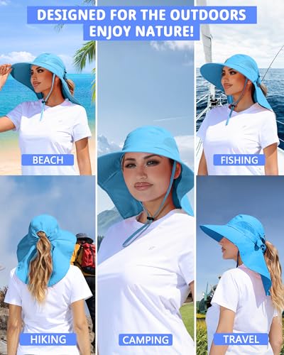 Womens Sun Hat Outdoor UV Protection Wide Brim Fishing Hat with Ponytail Hole Neck Flap for Beach Hiking Camping - color: Sun Hat-sky Blue