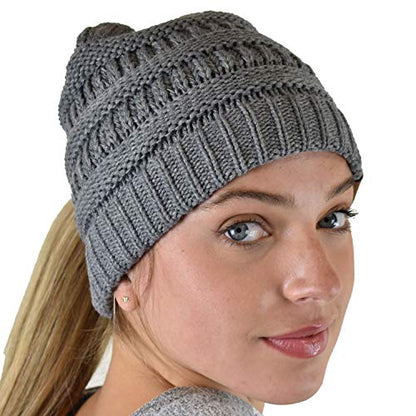 C.C Exclusives Soft Stretch Cable Knit Messy Bun Ponytail Beanie Winter Hat for Women (MB-20A) - color: Criss Cross Light Melange Gray