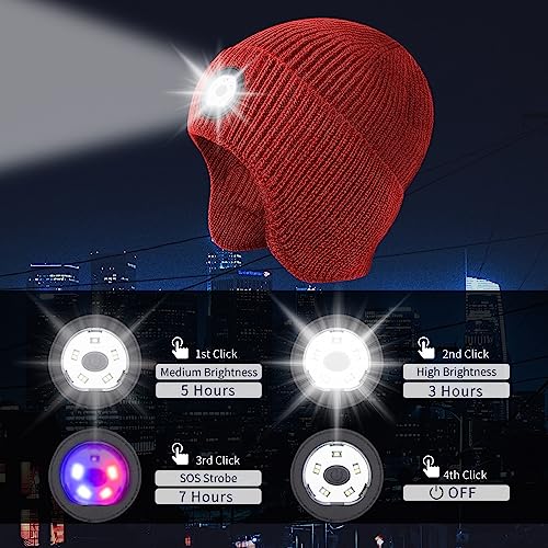 LED Beanie Hat with Light, USB Rechargeable LED Headlamp Hat, Unisex Winter Hat Warm Knitted Earflap Beanie with Night Flashlight (Red) - color: Red Adult
