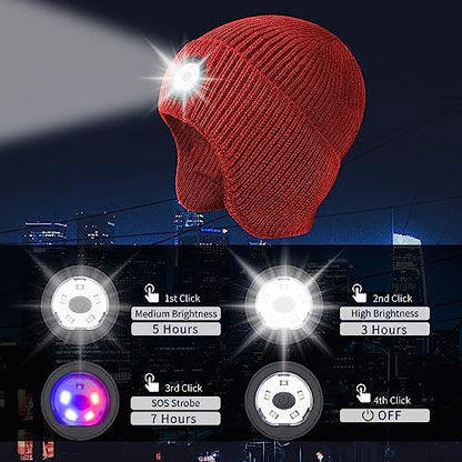 LED Beanie Hat with Light, USB Rechargeable LED Headlamp Hat, Unisex Winter Hat Warm Knitted Earflap Beanie with Night Flashlight (Red) - color: Red Adult
