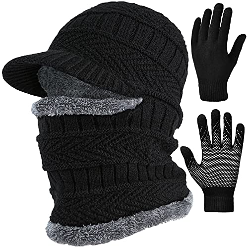 2Pcs Winter Knit Beanie Balaclava Hat Anti-Slip Touch Screen Mittens Set Thermal Ski Mask Cap Unisex for Womens Mens - color: Black