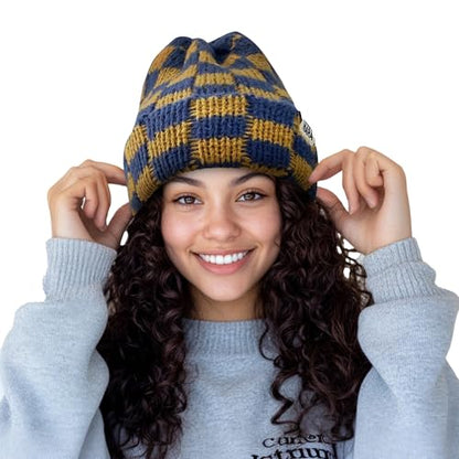 CLAPE Womens Cute Slouchy Beanies Hats, Winter Warm Chunky Checkered Beanie Large Cuff Knitted Hat Ski Cap for Cold Weather - color: Kh56-navy-yellow