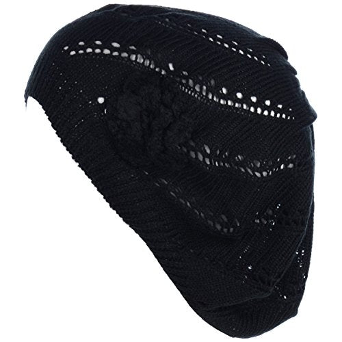 BYOS Chic Parisian Style Soft Lightweight Crochet Cutout Knit Beret Beanie Hat - color: 2-pack Swirl Fuchsia & Black