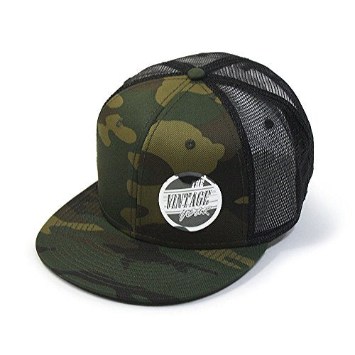Plain Cotton Twill Flat Brim Mesh Adjustable Snapback Trucker Baseball Cap - color: Camo/Camo/Black