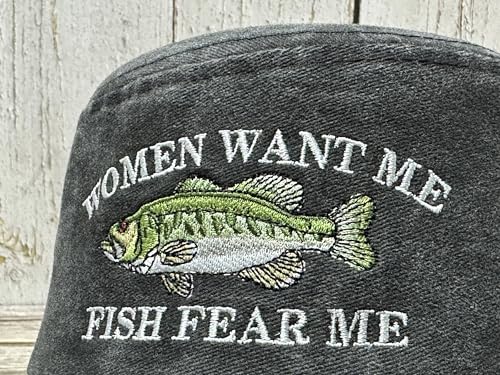 Women Want Me Fish Fear Me Embroidered Bucket Hat for Men Boy - color: Women Want Me - Washed Black