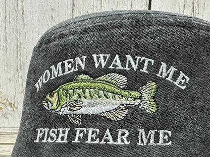 Women Want Me Fish Fear Me Embroidered Bucket Hat for Men Boy - color: Women Want Me - Washed Black