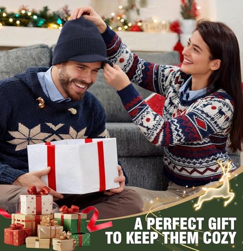 Wmcaps Men's Fleece Lined Brim Beanie, Thermal Winter Visor Hat Outdoor Cap - color: Navy Blue