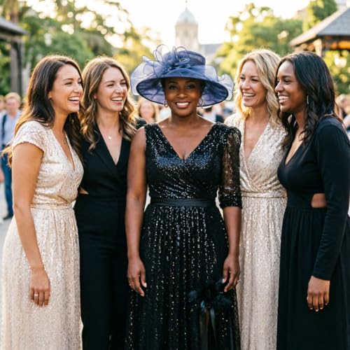 DRESHOW Women Organza Hat Church Cap Hats Clearance Kentucky Derby Cocktail Tea Party Wedding Flower Hat with Wide Brim - color: A Navy Blue Ab