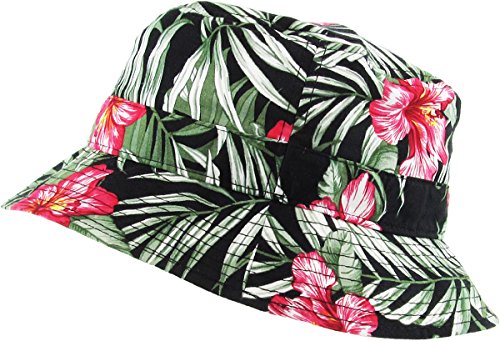 Floral Galaxy Leaf Aztec Tropical Print Bucket Hat Summer Boonie Cap - color: Black/Red Floral