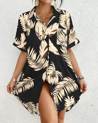 Bsubseach Women Swimsuit Coverup Shirt Dress Button Down Bathing Suit Cover Up Beach Vacation Outfits - color: Aa-leaf Print, size: X-Small