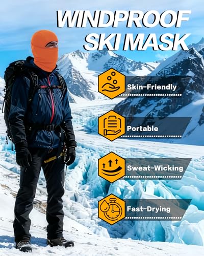 Winter Balaclava Ski Mask Warm and Fleece Full Face Cover for Men Women Cold Weather Skiing Motorcycle Neck Warmer - color: Black+orange