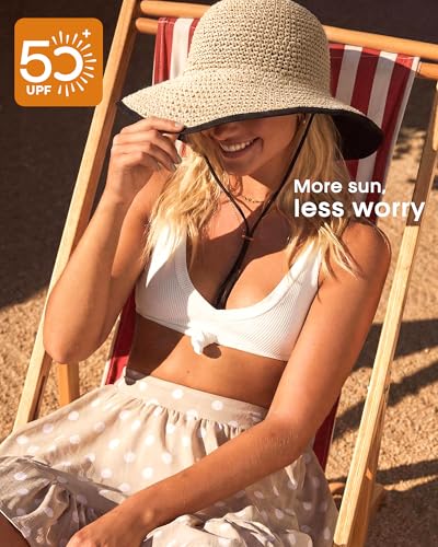 FURTALK Womens Hand-Woven Straw Sun Hat UPF 50+ Packable Summer Wide Brim Beach Linen Lining Bucket Hat with Chin Strap - color: Beige