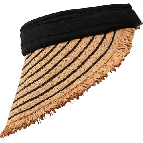 Straw Sun Visor Summer UV Protection Packable Wide Brim Beach Hat Ponytail Women - color: B-black