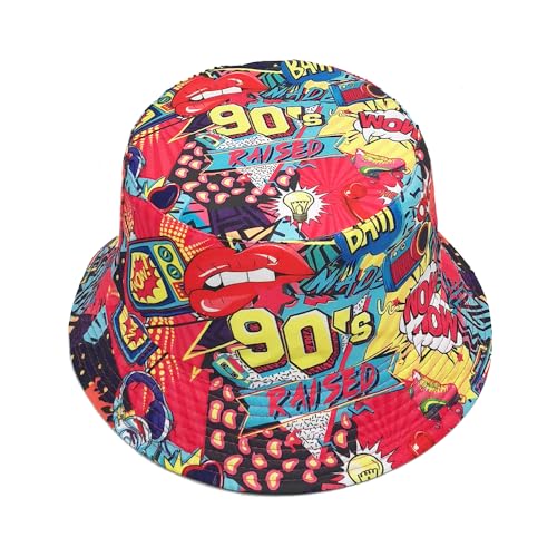 Printed Bucket Hat - Reversible Packable Summer Travel Beach Sun Cap for Men Women Teens - color: 90s Graffiti