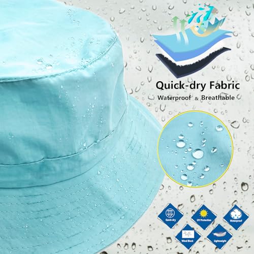 woogwin Waterproof Bucket Rain Hat with Chin Strap Quick Dry Packable Boonie Sun Hat Safari Hat UV Protection - color: Skyblue