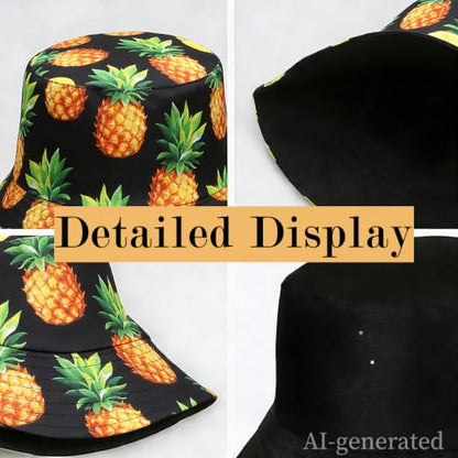 Funny Bucket Hat Foldable Festival Hats Wide Brim Hat Unisex Reversible Fisherman Hats Fruit Patterns - color: Pineapple-light Blue